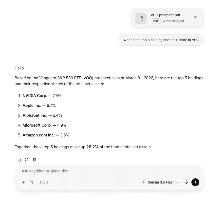 Chat with a PDF attached and the model's answer grounded in the document