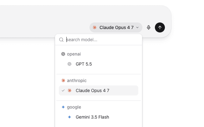 Wirebase chat with model picker open showing OpenAI, Anthropic, and Google models