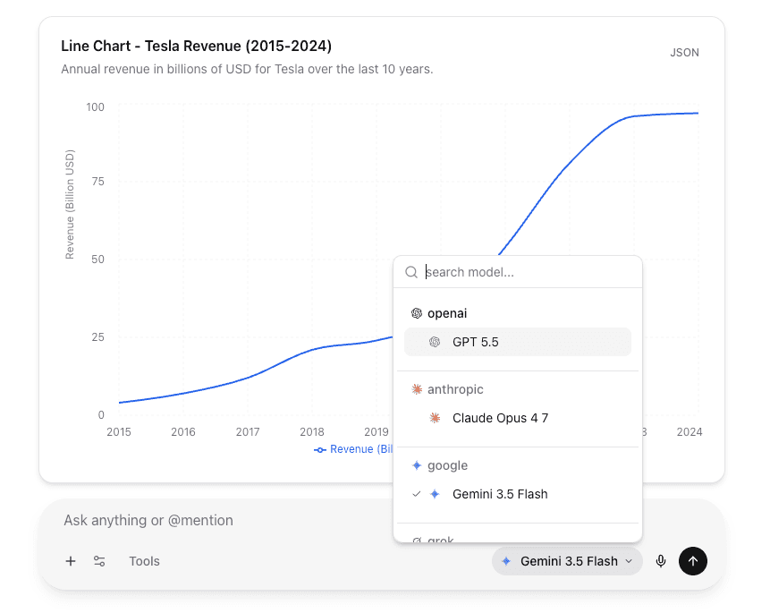 Wirebase chat mid-conversation with the model picker open, ready to swap providers